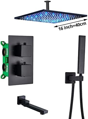Rubinetto per doccia termostatico nero opaco per bagno Soffione doccia a pioggia Rubinetto per vasca da bagno a soffitto Miscelatore per vasca da bagno Set doccia a parete, soffitto 16 pollici, 3