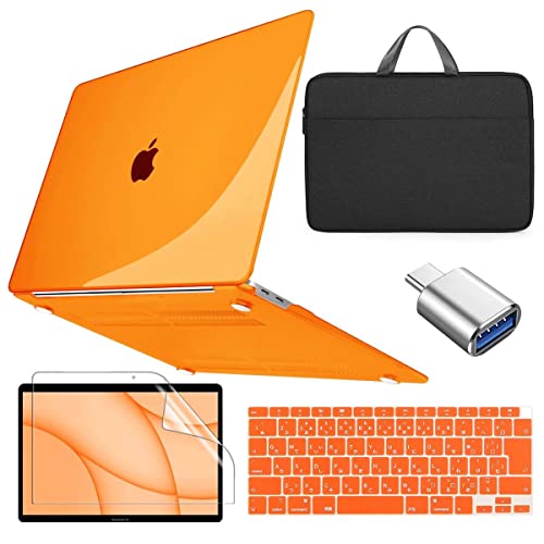 Conbovo MacBook Air 13 ケース A2337 A2179 (5点セット)カバー+ケース+液晶保護フィルム+キーボードカバー+ Type C & USB 変換アダプタ MacBook Air M1 2019-2021 クリア オレンジ