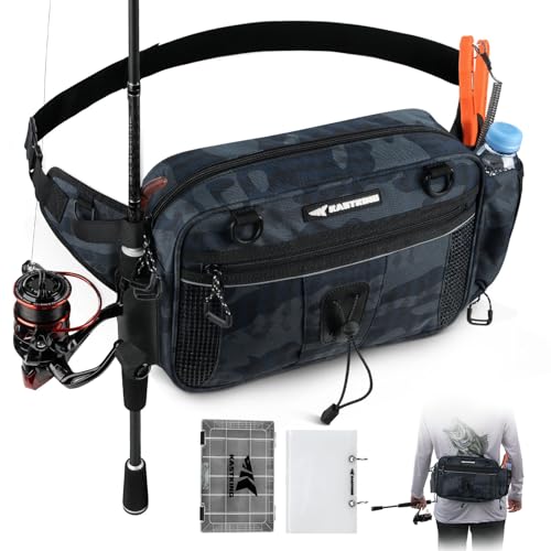 KastKing BaitSpace Waist Bag Waterproof Tackle Storage Bag With Adjustable Belt Fishing Fanny Pack for Men Soft Bait Organizer 3600 Utility Box Rod Holder Nylon Blue Camo