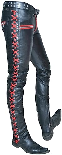 Men's Red Leather Pants Side Laced Up Bikers Jeans Pants | Mens Leather Pants Collection