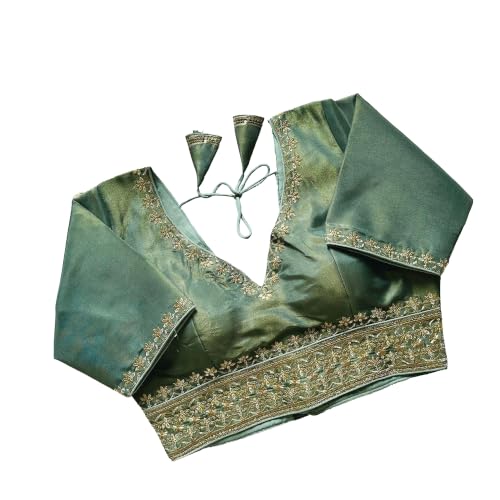 Image of Pujia Mills Women's Silk Jari Embroidery Sequence Work Round Neck Half Sleeve Readymade Blouse