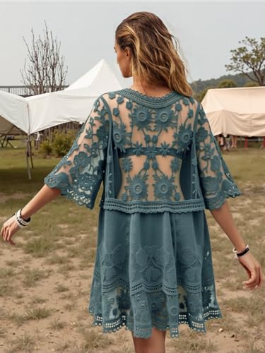 Image of Eomenie Women's Contrast Lace Bathing Suit Cover Up V-Neck Swimsuit Coverups Loose Swimwear Beach Dress Beachwear