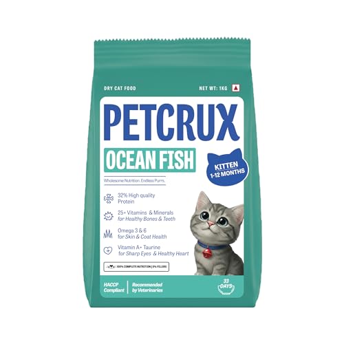 Image of Petcrux Dry Kitten Cat Food, Ocean Fish Flavor, with Omega 3 & 6 and Taurine, Complete & Balanced Nutrition for Growing Kittens, 1 kg