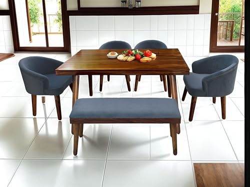 Image of DaneWood Wooden Dining Table 6 Seater | Six Seater Dinning Table with Upholstered 4 Dining Chairs & 1 Bench for Home | Dining Room Sets for Restaurants | Sheesham Wood | Honey Finish & Grey