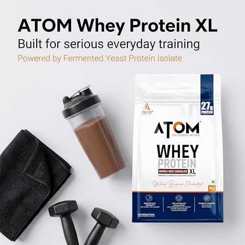 Image of AS-IT-IS ATOM Whey Protein XL, Double Rich Chocolate, 1kg - with DigeZyme & Fermented Yeast Protein I High Absorption, Supports Muscle Growth, Recovery & Strength - Hybrid Protein for All Day Fuel