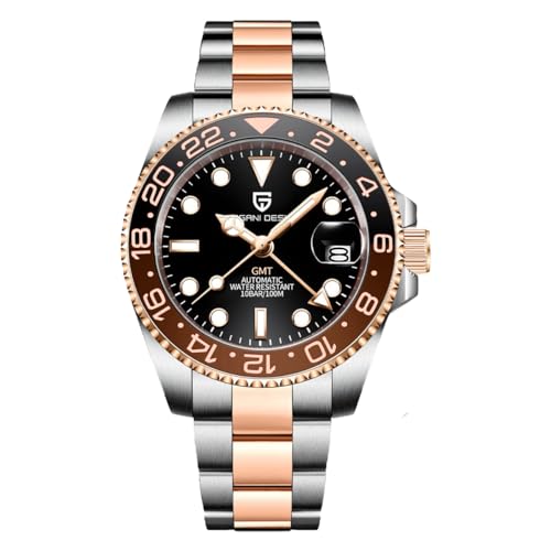 PAGRNE DESIGN GMT Automatic Mechanical Men's Watch Rotating Ceramic Bezel Stainless Steel Watch with Date Function Men's Sport Watch (Steel Strap Rose Gold-3)