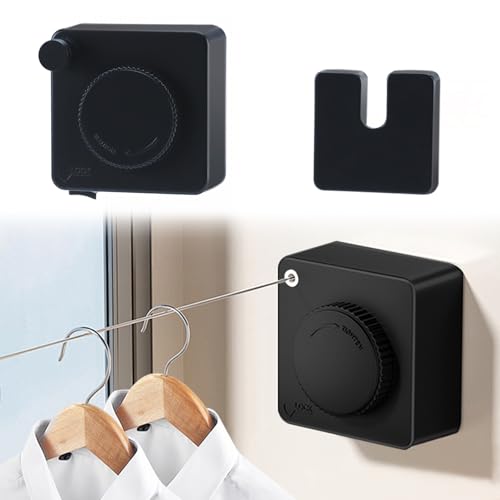Feelhap Corde à Linge Rétractable,Étendoir à Linge pour Intérieur et Extérieur Fils à Linge de 4,8M en Acier Inoxydable,Gain de Place,Fil a Linge Extérieur Retractable pour Balcon,Salle de Bain(Noir)