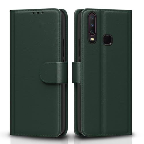 Image of Pikkme Flip Cover for Vivo Y12 / Y15 / Y17 / U10 Leather Finish | Inside TPU with Card Pockets | Wallet Stand and Shock Proof | Complete Protection Flip Case (Green)