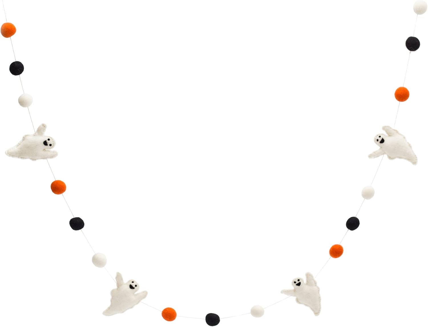 Glaciart One Felt Balls + Ghosts Garland - Easy to Hang Halloween Party Banner Decoration - 100% New Zealand Wool, Hand-Felted in Nepal - 5' Long, 15 White Orange & Black Pom Poms, 4 Ghost Ornaments