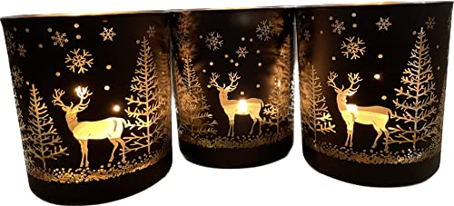 khevga Windlicht Weihnachten Winter aus Glas im Set Schwarz Weiß Gold...