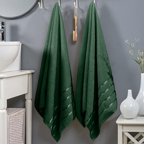 Image of Elegant Comfort 100% Turkish Cotton 4 Lines Viscose Stripe Luxury 2 Pack Bath Towel Set 27 x 54 Inch - Super Soft and Highly Absorbent Premium Hotel Spa Quality Towels for Bathroom Use, Hunter Green