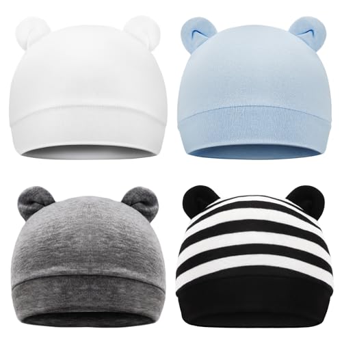 Image of AQOKKA 4 Pcs Newborn Baby Hat Bear Ears Infant Beanie Caps Toddler Hats Newborn Hospital Hat for Baby Boy Girl Kid 0-3 Months