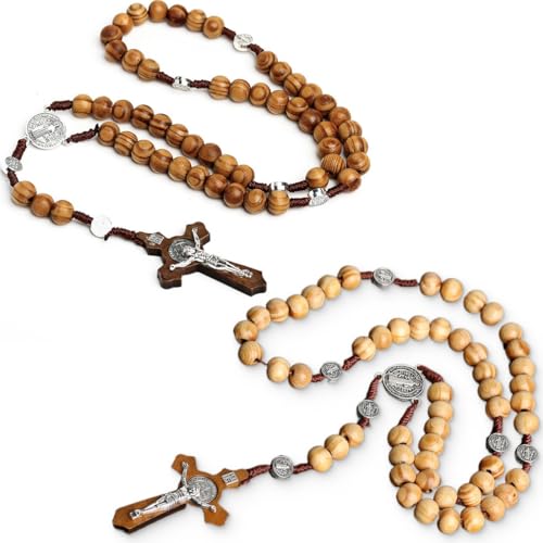 QUALITÀ ECCELLENTE - Rosario in legno con medaglioni e croci in metallo. Queste perle sono realizzate con i legni duri più pregiati, che conferiscono un bellissimo sapore di noce moscata e cannella e rendono le perle forti e durevoli.
