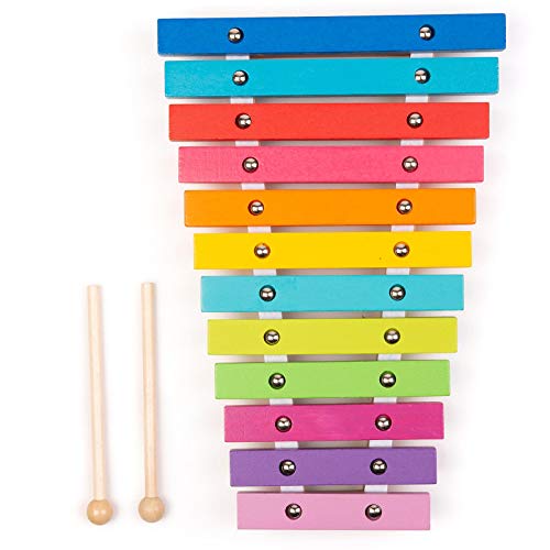 boppi Natuurhouten muzikale Xylofoon speelgoedinstrument voor peuters en baby met 2 houten hamers en 12 regenboog gekleurde sleutels voor kinderen en kinderen 32CM lang vanaf 18 maanden - Image 5