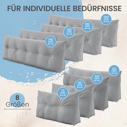 ELONEO Rückenkissen 140 cm breit, Keilkissen für Bett und Sofa geeignet, dreieckiges Lesekissen, Kissen mit abnehmbarem und waschbarem Bezug, mit praktischem Seitenfach