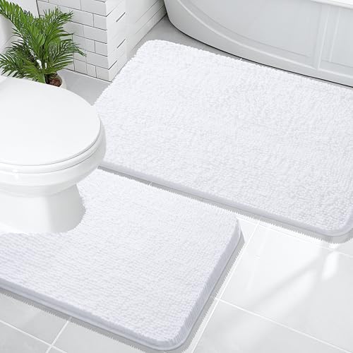 Image of OLANLY Bathroom Rugs Sets 2 Piece, Soft Absorbent Chenille Bath Mats and U-Shaped Contour Toilet Mat Area Rug Set, Machine Washable Bath Carpet, Home Decor Accessories(36 inchx24 inch+24 inchx20 inch, White)
