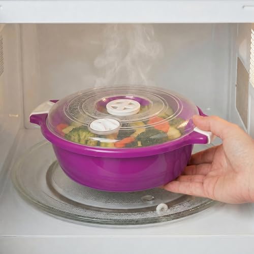 Foto von Lantelme 2 Stück Mikrowellenschüssel Set mit Dampfventil | Kunststoff 1,8 Liter Farbe Lila | Deutschland hergestellt | Stapelbar spülmaschinengeeignet | Mikrowelle Kühl- Gefrierschrank Schüssel (Lila)
