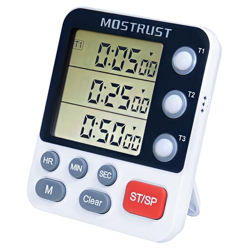 MOSTRUST Digitaler Dual-Küchen-Timer, 3 Kanäle Count UP/Down Timer, Kochtimer, großes Display Triple Timer, Ständer, Batterie im Lieferumfang enthalten (M318)