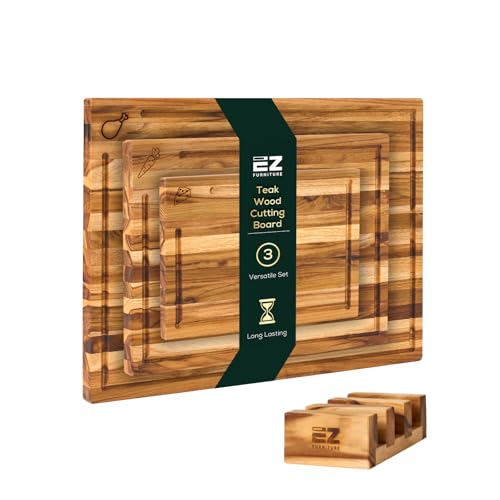 EZ FURNITURE Non-Toxic Set 3 Teak Cutting Board, Pre-Oiled Premium Wood Cutting Board with Juice Groove and Handles, Suitable for Chopping Meat, Vegetables, Included Gift Box, with Non Slip Feet