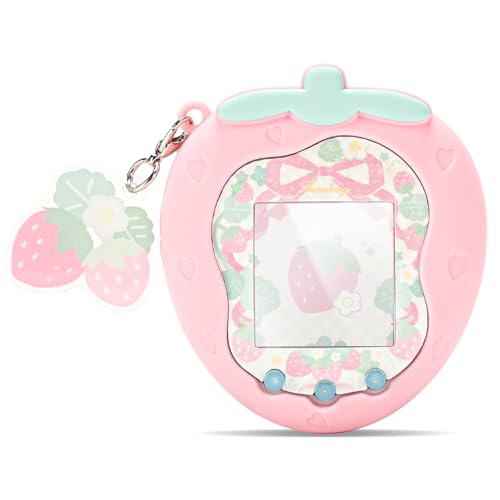 Geekshare Silicone Protective Case Compatible with Tamagotchi Uni Console Strawberry Design Full Cover Case with Stickers & Acrylic Keychain for Tamagotchi Pix (Pink)