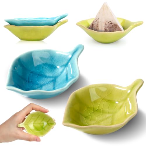2 Pcs Tea Bag Dish Ceramic Leaf Shaped Tea Bag Tidy with Crackle Design Teabag Holder Dish Teabag Dish Porcelain For Tea Bags Dishwasher Safe For Homes or Offices Blue Green Apricot Yellow