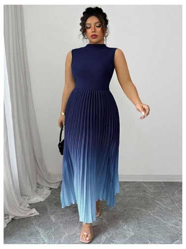Image of SOLY HUX Women's Plus Size Summer Ombre Sleeveless Flowy Maxi Dress | Birthday, Pleated A Line, Mock Neck, Formal Outfits,Cocktail, Wedding, Graduation