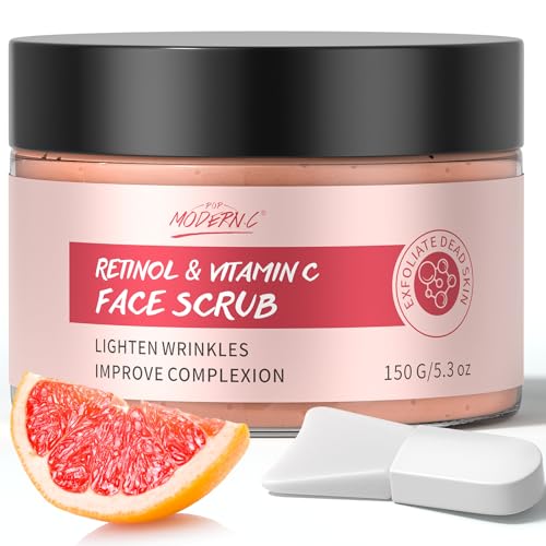 Exfoliante Facial con Retinol y Vitamina C, Antiedad, Reduce Arrugas, Rejuvenece la piel Joven, Exfoliante Suave para Manchas Oscuras y Acné, Refina los Poros, para Todo Tipo de Piel, 150g