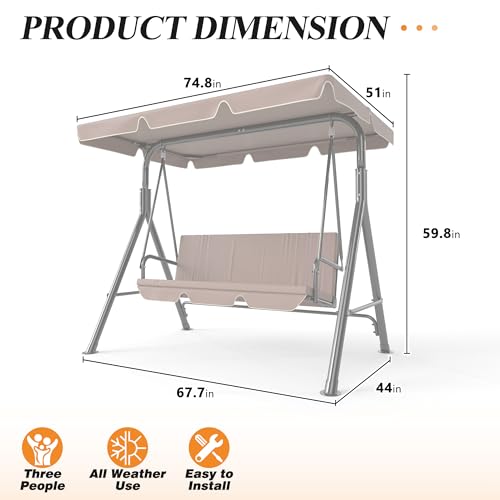 Image of GARTOO 3-Seat Patio Swing Chair, Outdoor Porch Swing with Adjustable Canopy and Durable Steel Frame for Patio, Garden, Poolside(Brown)
