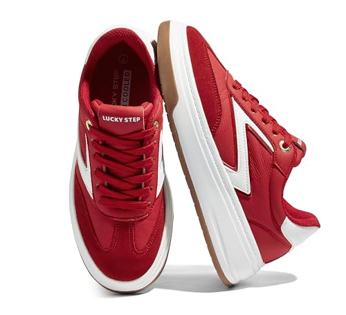 LUCKY STEP Women's Fashion Platform Sneakers Retro Chunky Casual Cow Suede Tennis Footwear Thick Sole Low Top Memory Foam Insole Walking Shoes (Red,6)