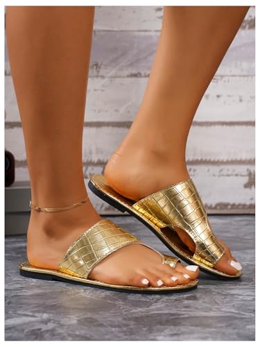 GORGLITTER Women's Gold Metallic Cut Out Flat Sandals Dressy Toe Ring Vacation Slides Flip Flops3