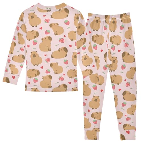 Cute Capybara and Strawberry Cute Pajama Sets Long Sleeve Top and Pants, Snug Fit Sleepwear for Night Wears2