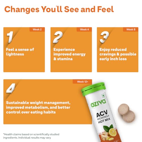 Image of OZiva ACV Moringa Hot Mix | Control Cravings & Boost Metabolism | Apple Cider Vinegar, Gymnema, Cinnamon, Moringa | Desi Kahwa - 15 Effervscent Tablets.