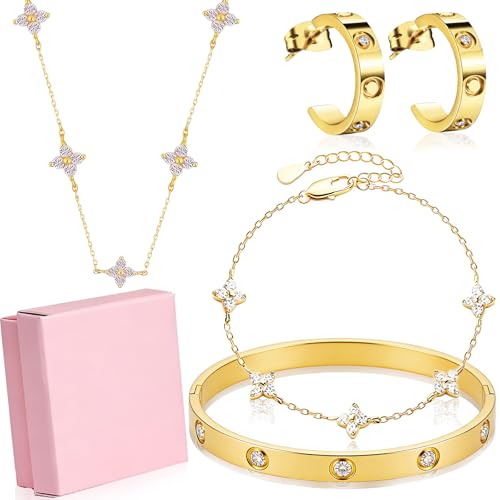 Benaton Juego de 4 Conjunto de Joyas con Trébol de Cuatro de La Suerte en Oro, Oro Plateado Flor Trébol Collar con Colgante Pendientes Pulsera para Bodas Cumpleaños San Valentín y Regalos de Año