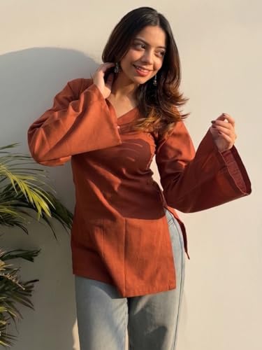 Image of ANNI Designer Short Kurti for Women Solid Design | V Neck Full Sleeve Kurti Tops for Women | Stylish Kurtis & Short Kurtis for Woman | Casual Kurti with Jeans | Kurtas for Woman
