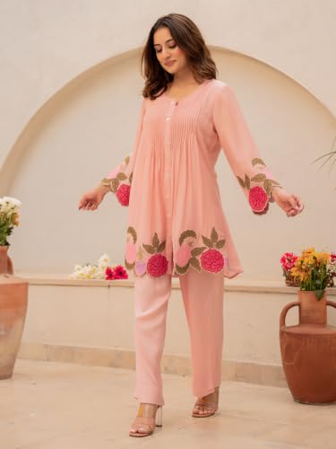Image of Lilots Women's Chanderi Silk Kurta & Pants Set | Floral Embroidered Co-Ord Set | Ethnic Wear for Festive