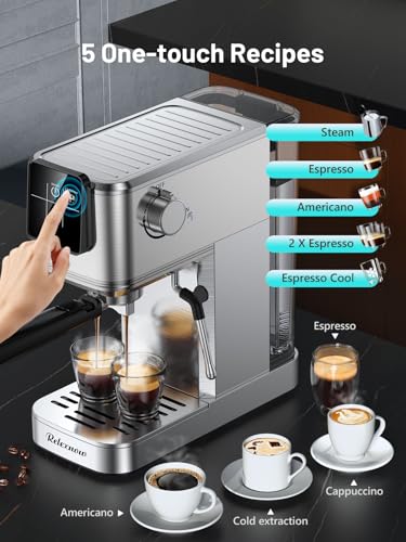 Image of RELEXNOW Espresso Machine, 20 Bar Professional Espresso Coffee Maker with Milk Steam Wand, Hot and Iced Coffee Machine, Stainless Steel Compact Coffee Machine for