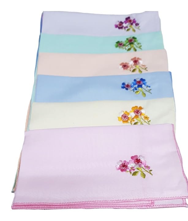 ANVIK Women/Lady Cotton Embroidery Floral Handkerchief .Hanky for Kids Girls for School Size 33cm by 33 cm (Multicolour) Pack of 6 (Multicolour) 4