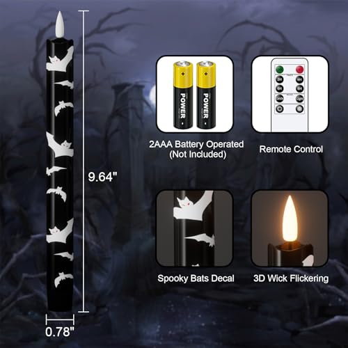 Image of Eldnacele Halloween Bats Flameless Taper Candles Battery Operated with Remote Timer, Set of 4 Black Real Wax 3D Wick LED Flickering Candles Spooky Halloween Indoor Decor(0.78 inch D x 9.64 inch H)