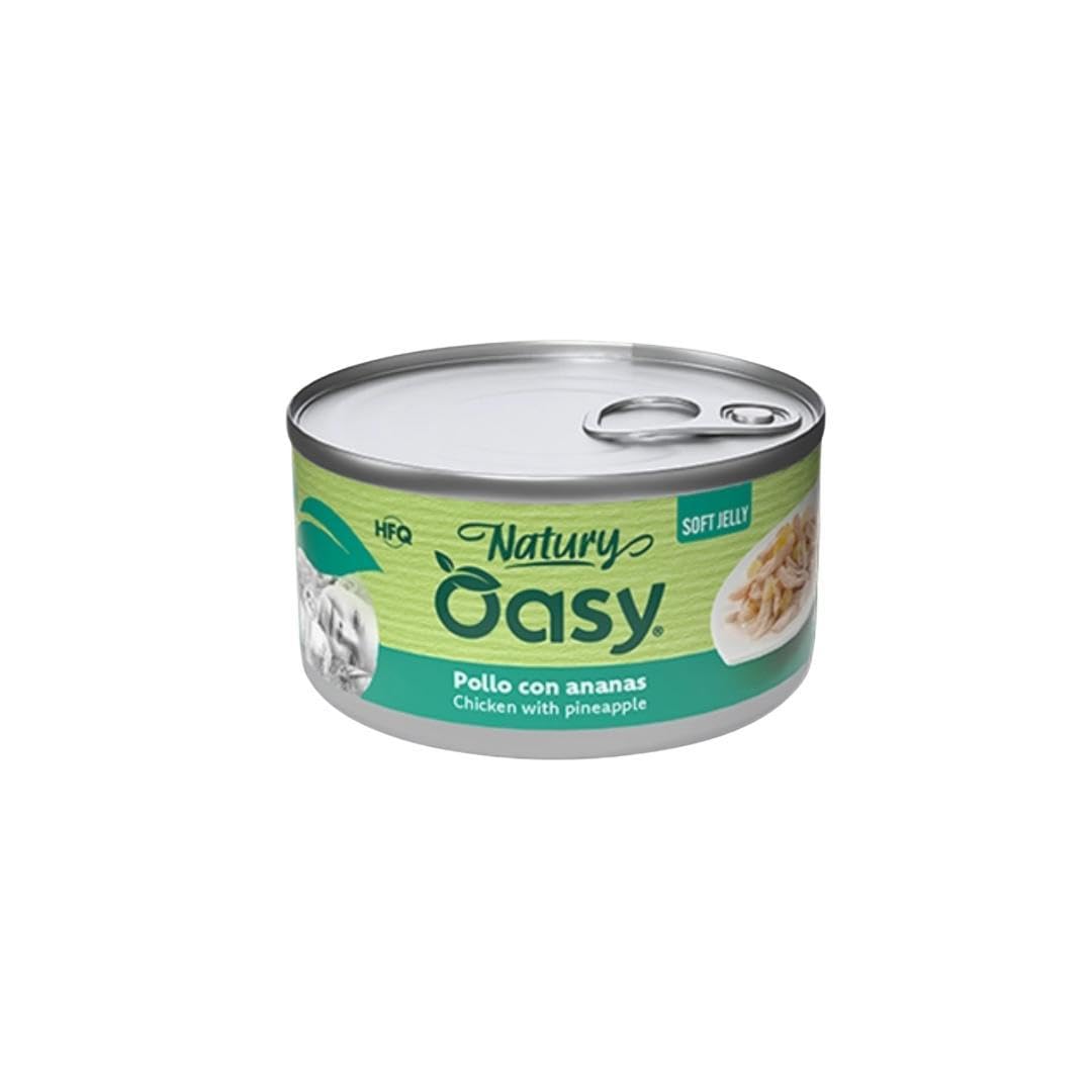 Oasy - Mascotas húmedas para gatos naturales con sabor a pollo con piña, suaves pelusas naturales de Soft Jelly para gatos adultos de todos los tamaños y razas | 24 latas de 85 gramos cada una.