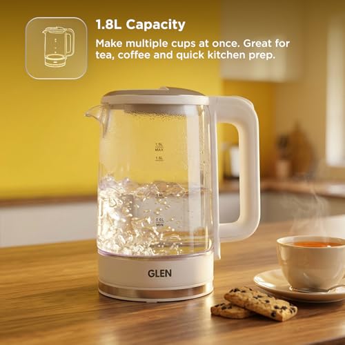 Image of Glen Electric Glass Tea Kettle 1.8 Litre, 1500W Fast Boiling Electric Kettle with 360 Rotational Base, Auto Shut-Off, Boil Dry Protection, Blue LED Light, Cordless Design, White (SA-9001)