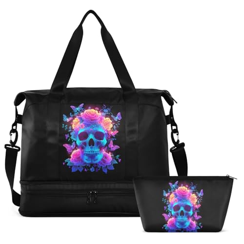 Skull Butterfly Blue Travel Duffel Bag for Women Men Gym Bag with Shoe Compartment Wet Pocket Carry On Weekender Overnight Bags for Airline Travel Gym