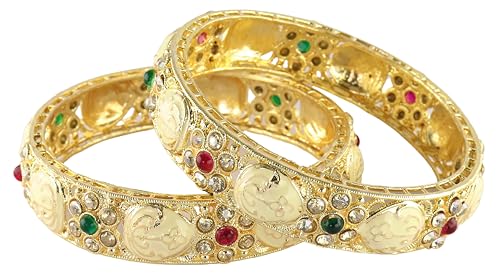 Image of NMII Traditional Gold Plated Metal Bangles Kada Set For Women & Girls With Zircon Diamond Stone | Women's Bangles | Premium Kada Set For Wedding, Party, Occasions Fashion Jewelry - Set Of 2