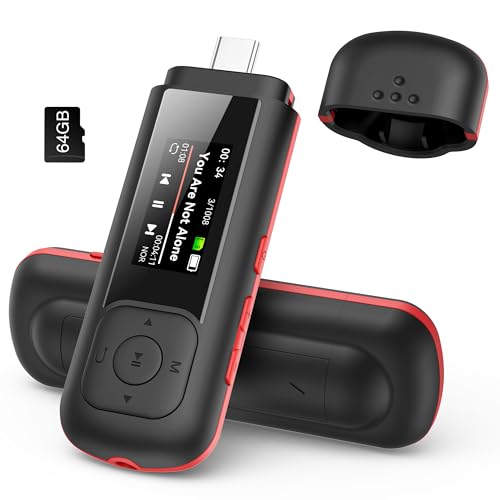 AGPTEK 64GB USB C MP3�v���[���[ �N���b�v�t�� A55PL 2�C��1 Type-C & USB�X�e�B�b�N�~���[�W�b�N�v���[���[ FM���W�I�t�� �^�� �g�ѓd�b�ڑ��Ή�
