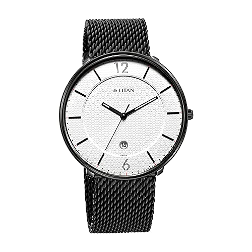 Image of Titan Minimalist Quartz Analog with Date White Dial Black Stainless Steel Strap Watch for Men - NT1849NM01