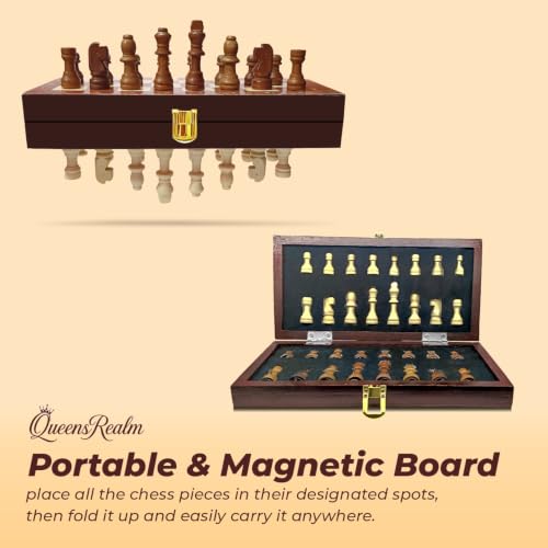 Image of QueensRealm 10 Inch Chess Board Set Wooden Handmade Magnetic Foldable Chessboard for Kids & Adults, Compact & Portable Travel Chess with Inbuilt Storage 2 Players Board Game(10 Inch x 10 Inch- Wooden)