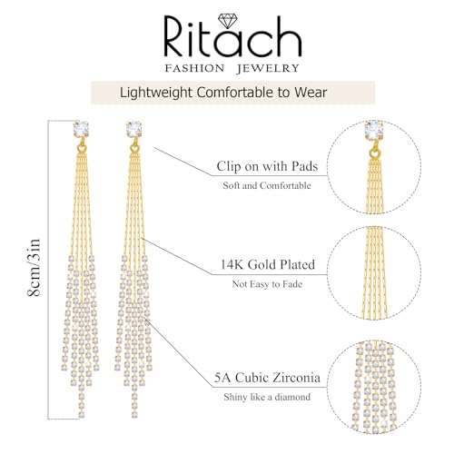 Clip on Earrings for Women 18K Gold Plated Long Drop Dangle Earrings Charming No Piercing Hoop Stud Earrings Sparkly Cubic Zirconia Tassel Ear Clips Statement Jewelry Party Prom Wedding2