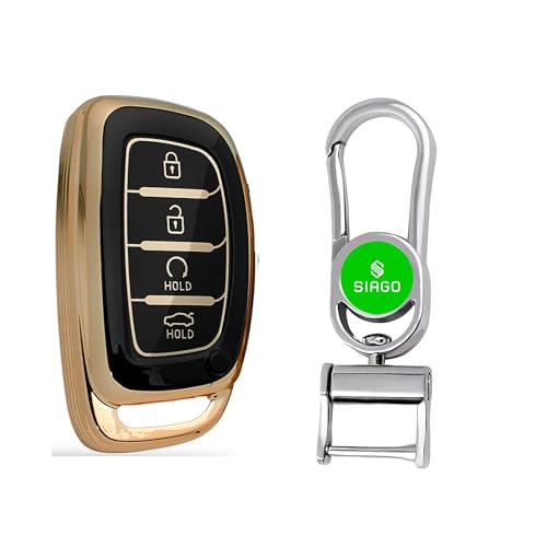 Image of SIAGO SIA360 TPU Key Cover and Metal Keychain Compatible for Hyundai Alcazar and Creta 2021 2022 & 2023 Car 4 Button Smart Key (Black Pack of 1)