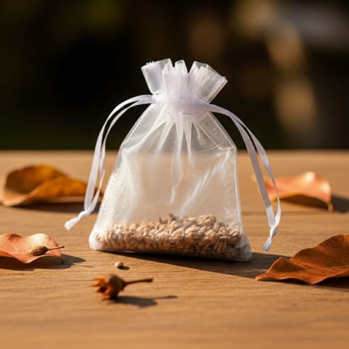 Image of Sukh 100 White Organza Bags 3''x4'' - Small Organza Sachet Jewelry Gift Favor Bags Drawstring Mesh Bags Valentines Wedding Eid Mubarak Halloween Eve Christmas New Year Party Candy Fruit Wrap Bulk