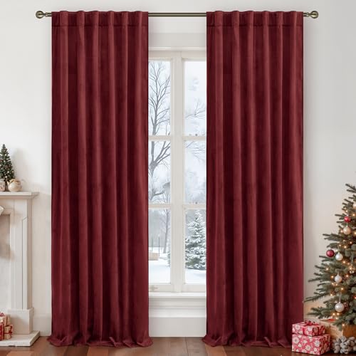 LAMIT Red Velvet Curtains 120 Inch for Living Room, Vintage Thermal Blackout Panels Room Darkening Back Tab and Rod Pocket Christmas Decor Drapes for Bedroom/Theater, 2 Panels, 52 x 120 Inch