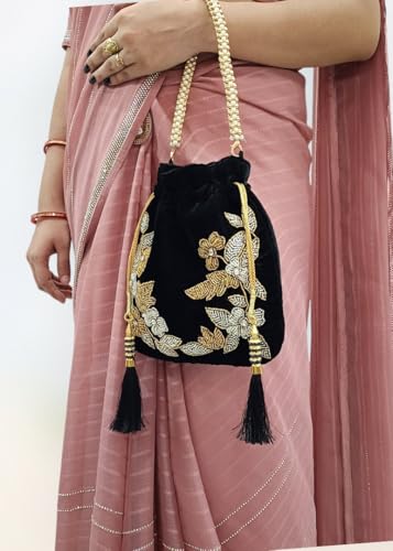 Image of Velvet Potli Bag with Golden & Silver Beaded Flower Embroidery - Handcrafted Ethnic Drawstring Bag for Weddings, Parties & Festive Gifts - Beaded Handle & Tassels for Women